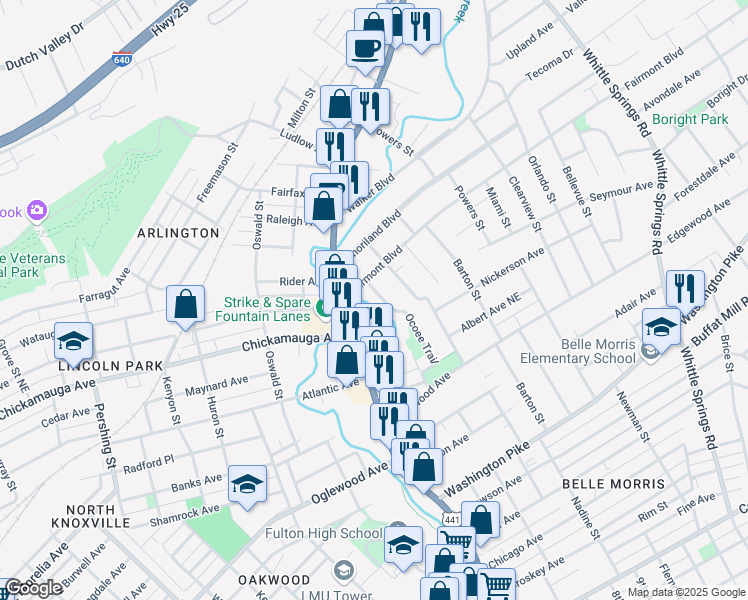 map of restaurants, bars, coffee shops, grocery stores, and more near 3321 Ocoee Trail in Knoxville