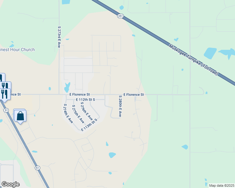 map of restaurants, bars, coffee shops, grocery stores, and more near 28105 East 111th Street South in Coweta