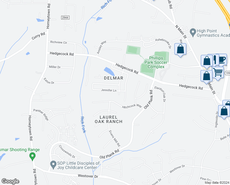 map of restaurants, bars, coffee shops, grocery stores, and more near 823 Jennifer Lane in High Point