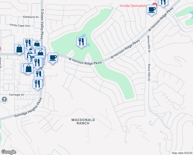 map of restaurants, bars, coffee shops, grocery stores, and more near 2131 Tiger Links Drive in Henderson