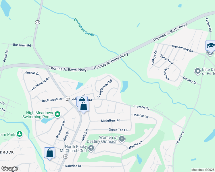map of restaurants, bars, coffee shops, grocery stores, and more near 2125 Tanglewood Road in Rocky Mount