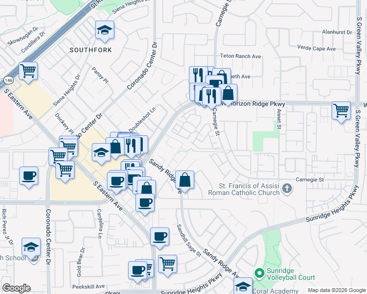 map of restaurants, bars, coffee shops, grocery stores, and more near 690 Giselle Court in Henderson