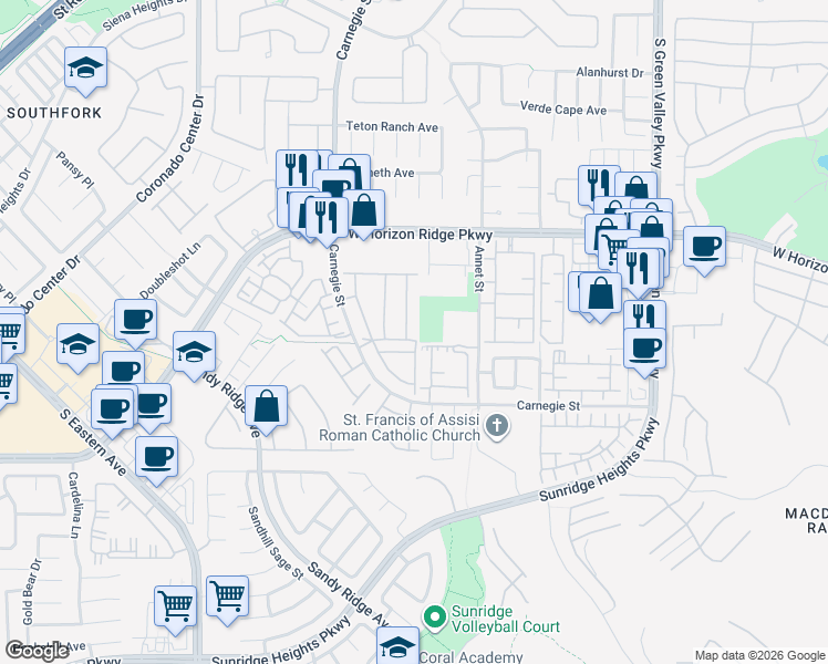 map of restaurants, bars, coffee shops, grocery stores, and more near 700 Carnegie Street in Henderson