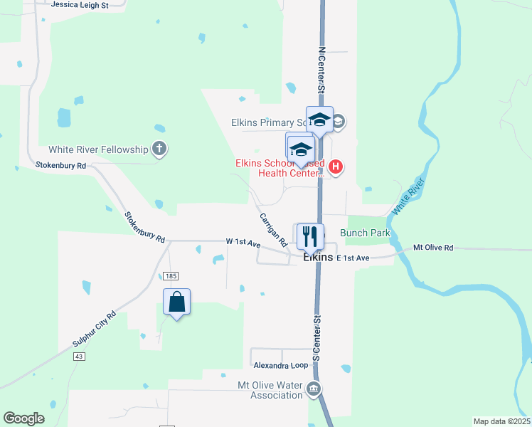 map of restaurants, bars, coffee shops, grocery stores, and more near 250 Carrigan Road in Elkins