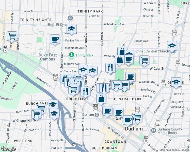 map of restaurants, bars, coffee shops, grocery stores, and more near 400 North Duke Street in Durham