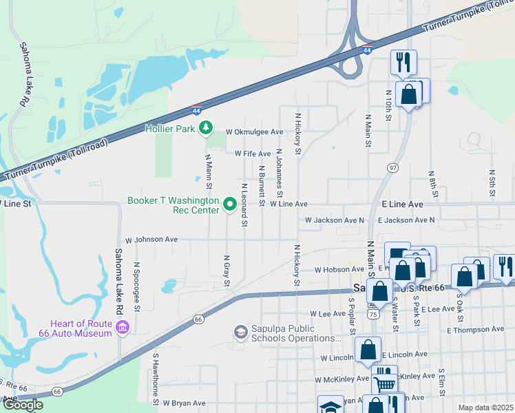 map of restaurants, bars, coffee shops, grocery stores, and more near 248 North Burnett Street in Sapulpa