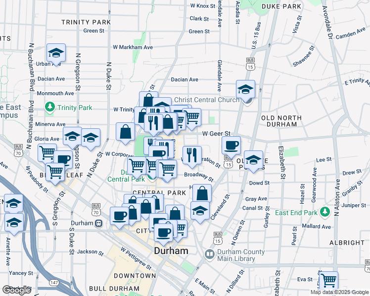 map of restaurants, bars, coffee shops, grocery stores, and more near 305 Northwood Circle in Durham