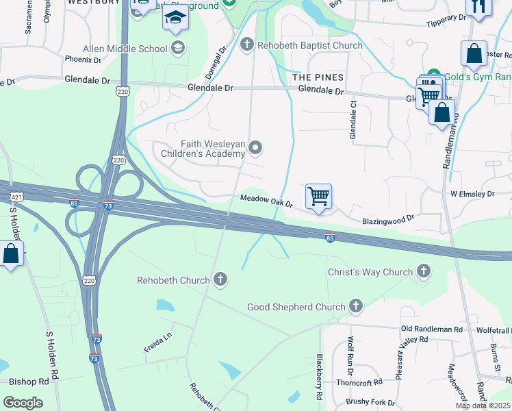 map of restaurants, bars, coffee shops, grocery stores, and more near 933 Meadow Oak Drive in Greensboro