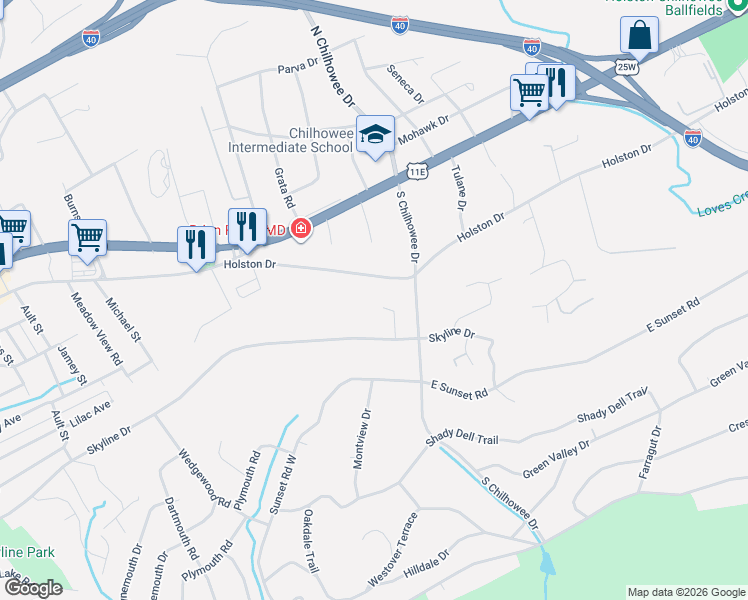 map of restaurants, bars, coffee shops, grocery stores, and more near 5004 Holston Drive in Knoxville