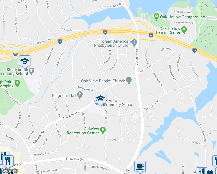 map of restaurants, bars, coffee shops, grocery stores, and more near 716 Oakview Road in High Point