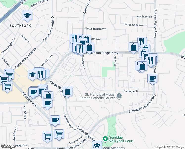 map of restaurants, bars, coffee shops, grocery stores, and more near 700 Carnegie Street in Henderson