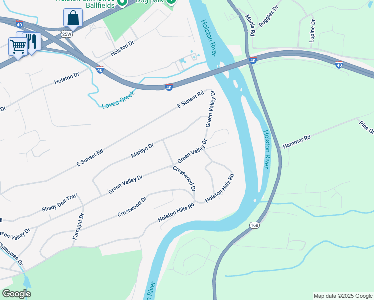 map of restaurants, bars, coffee shops, grocery stores, and more near 5809 Green Valley Drive in Knoxville