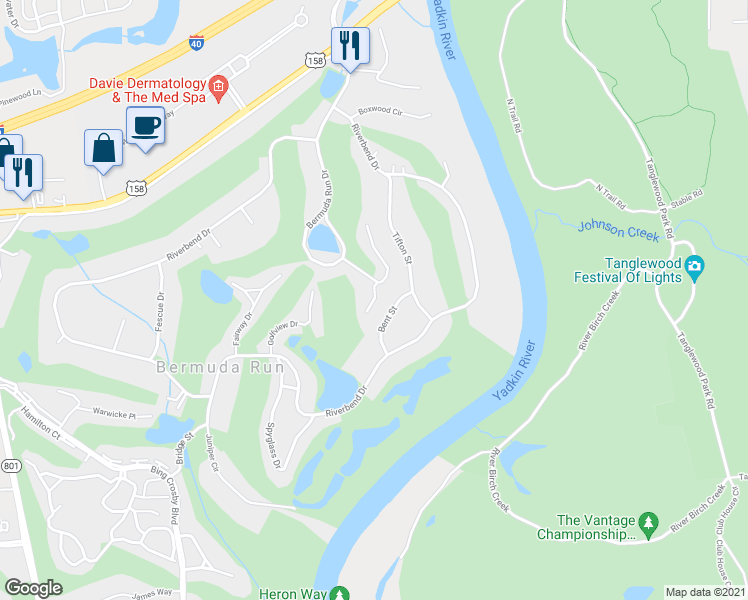 map of restaurants, bars, coffee shops, grocery stores, and more near 110 South Bermuda Run Drive in Bermuda Run