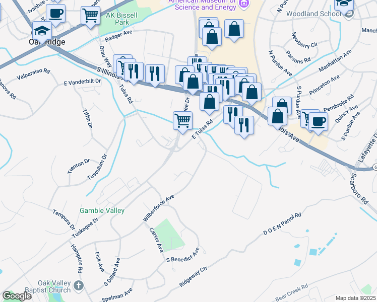 map of restaurants, bars, coffee shops, grocery stores, and more near 24 Wilberforce Avenue in Oak Ridge