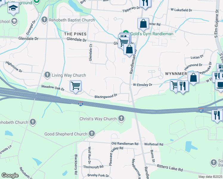 map of restaurants, bars, coffee shops, grocery stores, and more near 4234 Blazingwood Court in Greensboro