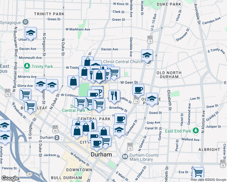map of restaurants, bars, coffee shops, grocery stores, and more near 305 Northwood Circle in Durham