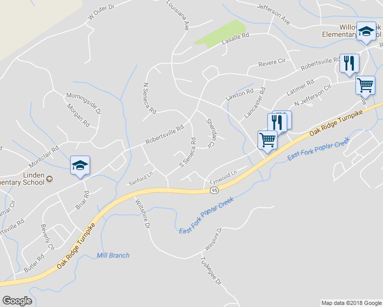map of restaurants, bars, coffee shops, grocery stores, and more near 114 South Seneca Road in Oak Ridge
