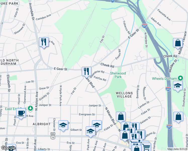 map of restaurants, bars, coffee shops, grocery stores, and more near 1501 Fairfax Road in Durham