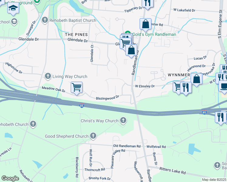 map of restaurants, bars, coffee shops, grocery stores, and more near 4234 Blazingwood Court in Greensboro