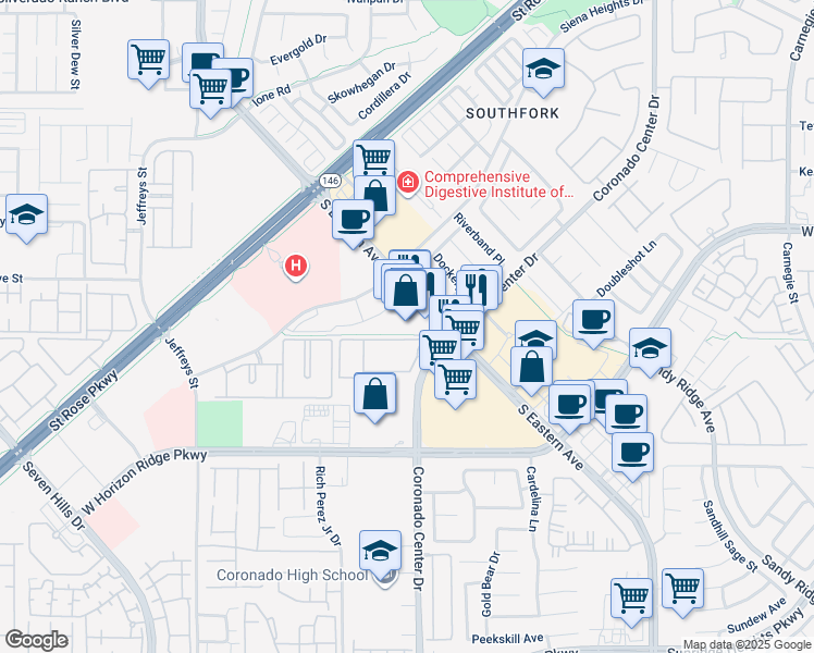 map of restaurants, bars, coffee shops, grocery stores, and more near 10271 South Eastern Avenue in Henderson