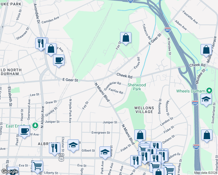 map of restaurants, bars, coffee shops, grocery stores, and more near 1501 Fairfax Road in Durham