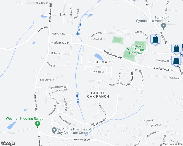 map of restaurants, bars, coffee shops, grocery stores, and more near 871 Jennifer Lane in High Point