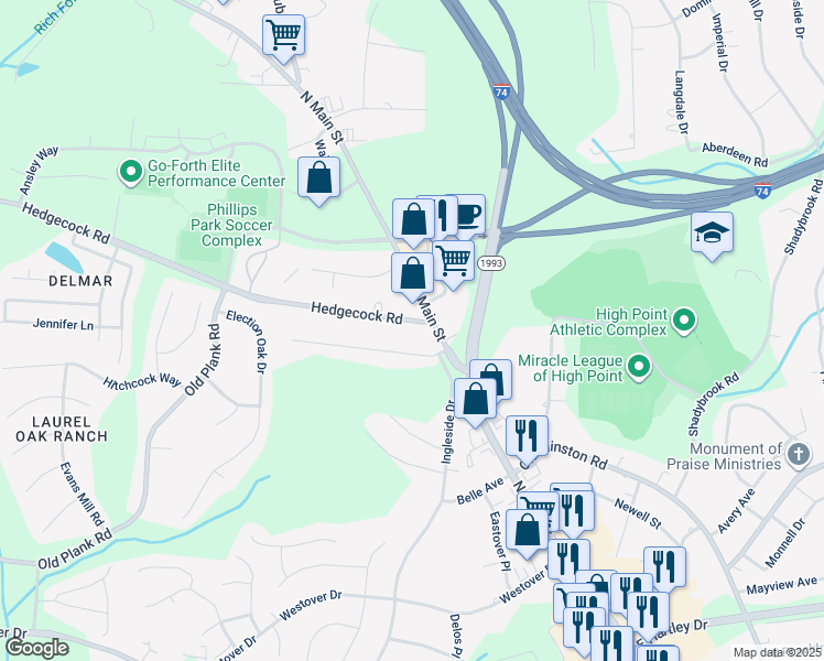 map of restaurants, bars, coffee shops, grocery stores, and more near 103 Hedgecock Road in High Point