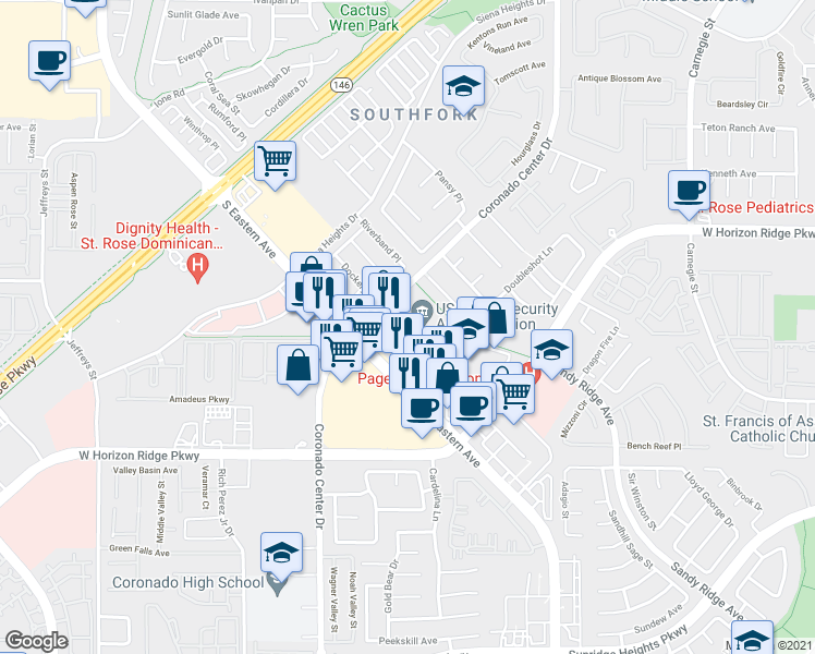 map of restaurants, bars, coffee shops, grocery stores, and more near 780 Coronado Center Dr in Henderson