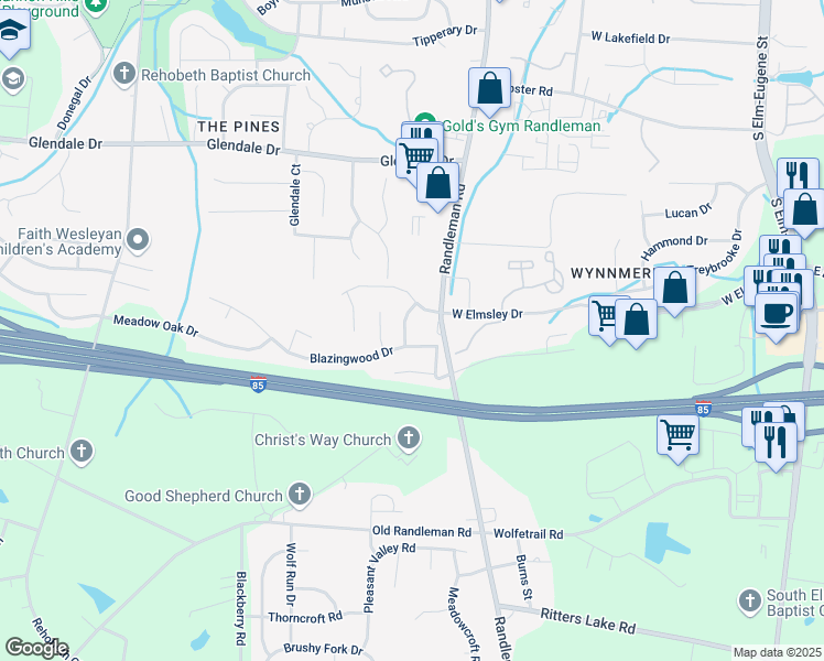 map of restaurants, bars, coffee shops, grocery stores, and more near 4237 Fairwood Drive in Greensboro