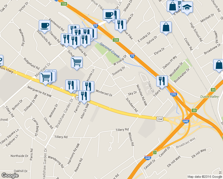 map of restaurants, bars, coffee shops, grocery stores, and more near 4608 Tanglewood Road in Knoxville