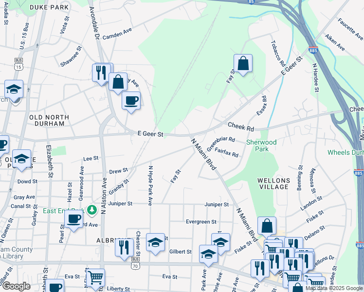 map of restaurants, bars, coffee shops, grocery stores, and more near 1213 Drew St in Durham