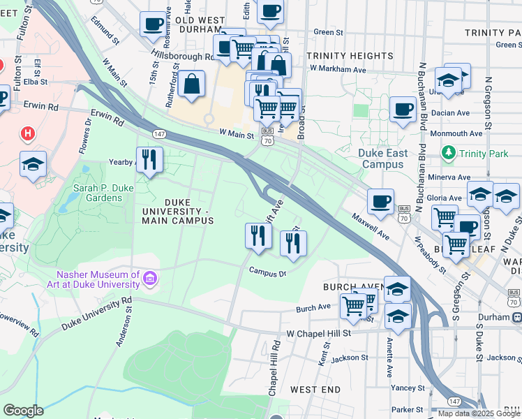map of restaurants, bars, coffee shops, grocery stores, and more near 300 Swift Avenue in Durham
