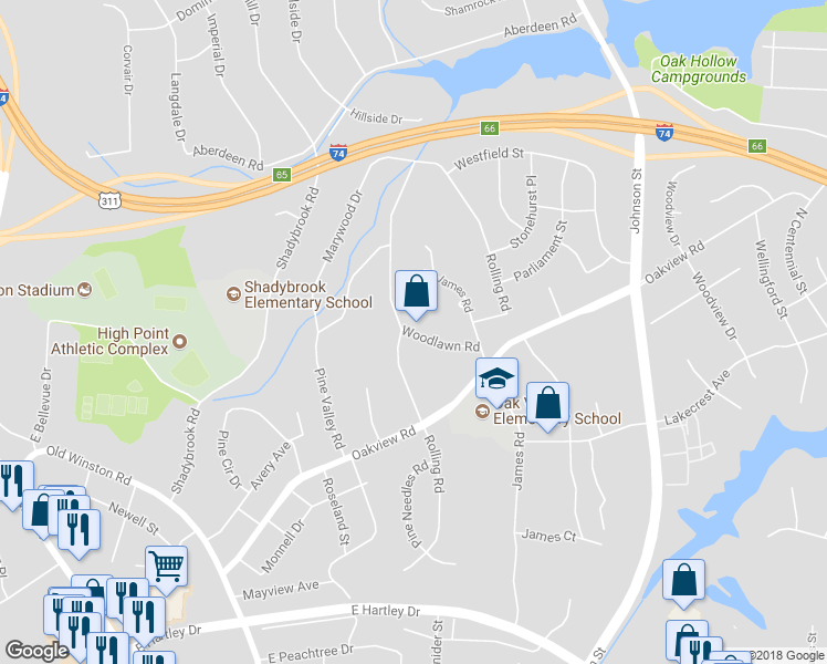 map of restaurants, bars, coffee shops, grocery stores, and more near 603 Woodlawn Road in High Point