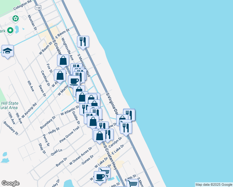 map of restaurants, bars, coffee shops, grocery stores, and more near 1307 South Virginia Dare Trail in Kill Devil Hills