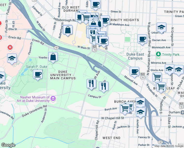 map of restaurants, bars, coffee shops, grocery stores, and more near 351 Case Street in Durham
