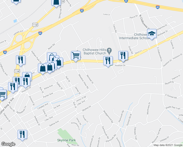 map of restaurants, bars, coffee shops, grocery stores, and more near 4628 Holston Drive in Knoxville
