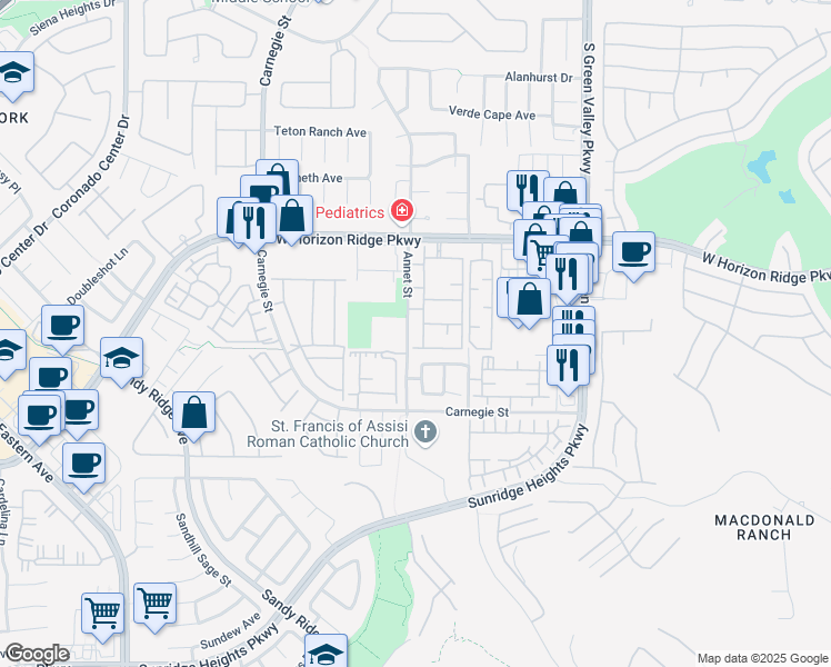 map of restaurants, bars, coffee shops, grocery stores, and more near 2305 West Horizon Ridge Parkway in Henderson