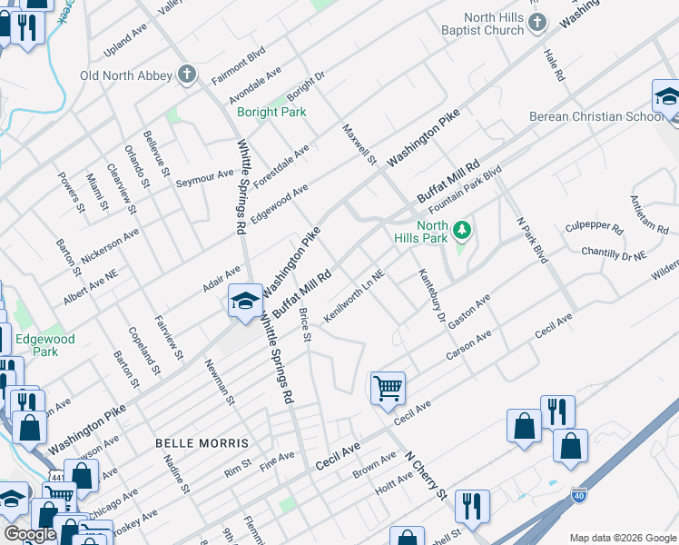map of restaurants, bars, coffee shops, grocery stores, and more near 2546 Buffat Mill Road in Knoxville