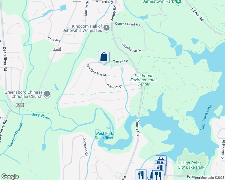 map of restaurants, bars, coffee shops, grocery stores, and more near 4034 Tellmont Court in High Point