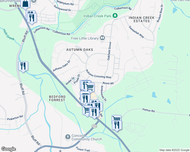 map of restaurants, bars, coffee shops, grocery stores, and more near 7307 Autumn Crossing Way in Brentwood