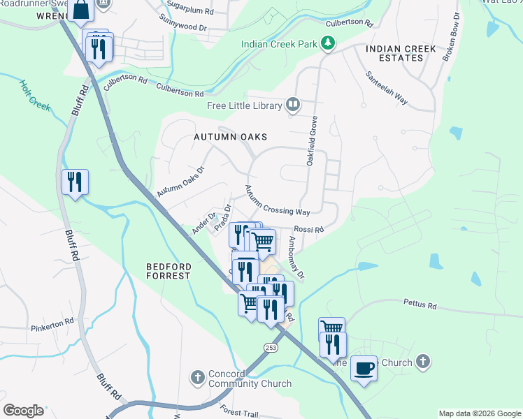 map of restaurants, bars, coffee shops, grocery stores, and more near 7300 Autumn Crossing Way in Brentwood
