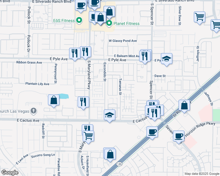 map of restaurants, bars, coffee shops, grocery stores, and more near 10286 Missouri Meadows Street in Las Vegas