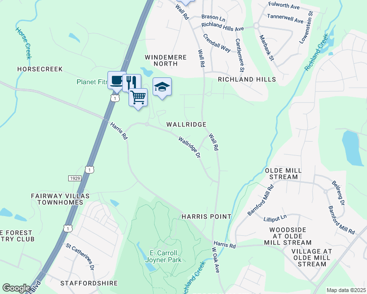 map of restaurants, bars, coffee shops, grocery stores, and more near 817 Wallridge Drive in Wake Forest