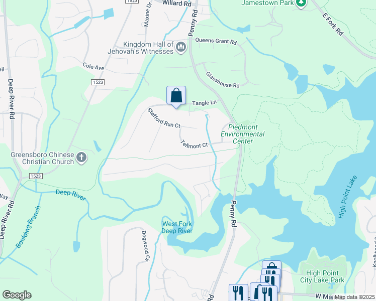 map of restaurants, bars, coffee shops, grocery stores, and more near 4034 Tellmont Court in High Point