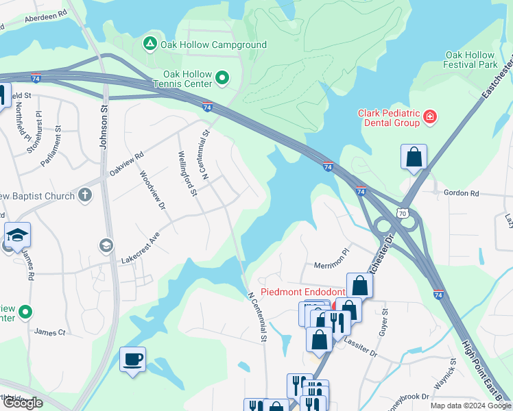 map of restaurants, bars, coffee shops, grocery stores, and more near 3001 Covewood Street in High Point