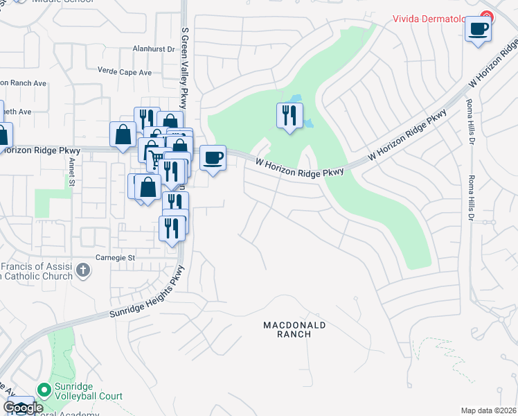 map of restaurants, bars, coffee shops, grocery stores, and more near 556 Fox Links Street in Henderson