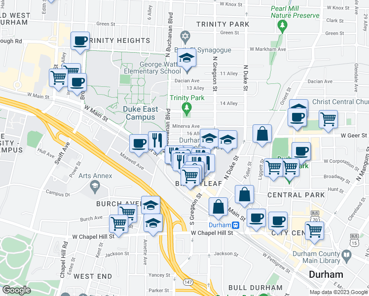 map of restaurants, bars, coffee shops, grocery stores, and more near 208 Watts Street in Durham