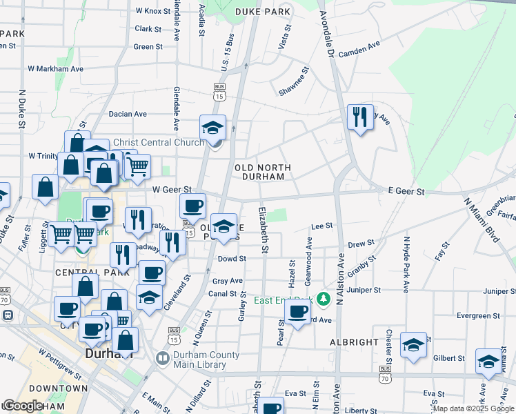 map of restaurants, bars, coffee shops, grocery stores, and more near 300 East Geer Street in Durham