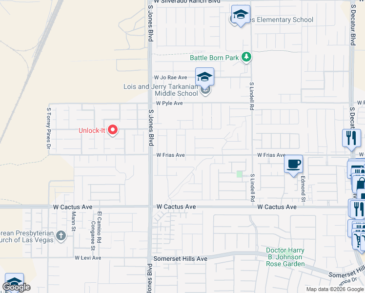 map of restaurants, bars, coffee shops, grocery stores, and more near 10266-10298 South Jones Boulevard in Las Vegas
