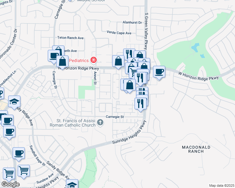map of restaurants, bars, coffee shops, grocery stores, and more near 2291 West Horizon Ridge Parkway in Henderson